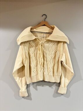 PILCRO Anthropologie Cable Sweater Lace Up Collar 100% cotton sweater twofer